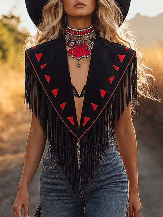 Women's Black Western Fringe Vest | Open Front Cowgirl Vest with Red Trim for Rodeo & Country Style