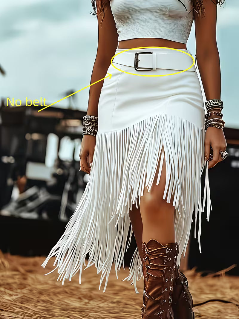 Women's Bohemian Western Fringe Skirt | High Waist Tassel Cowgirl Midi Skirt (Belt Not Included)