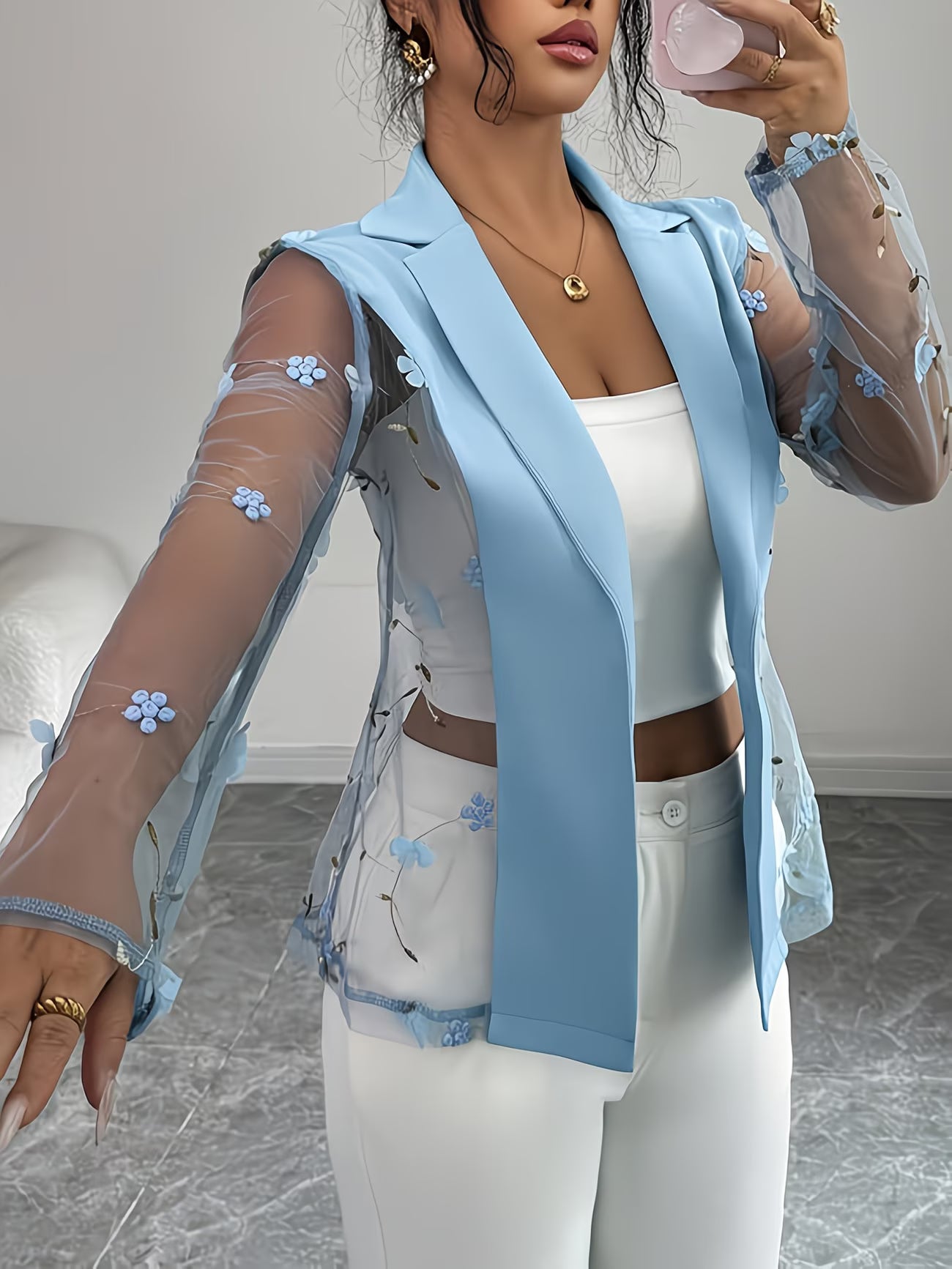 LuxeBloom™ Light Blue Sheer Blazer | 3D Floral Lace Elegant Spring & Summer Jacket for Women