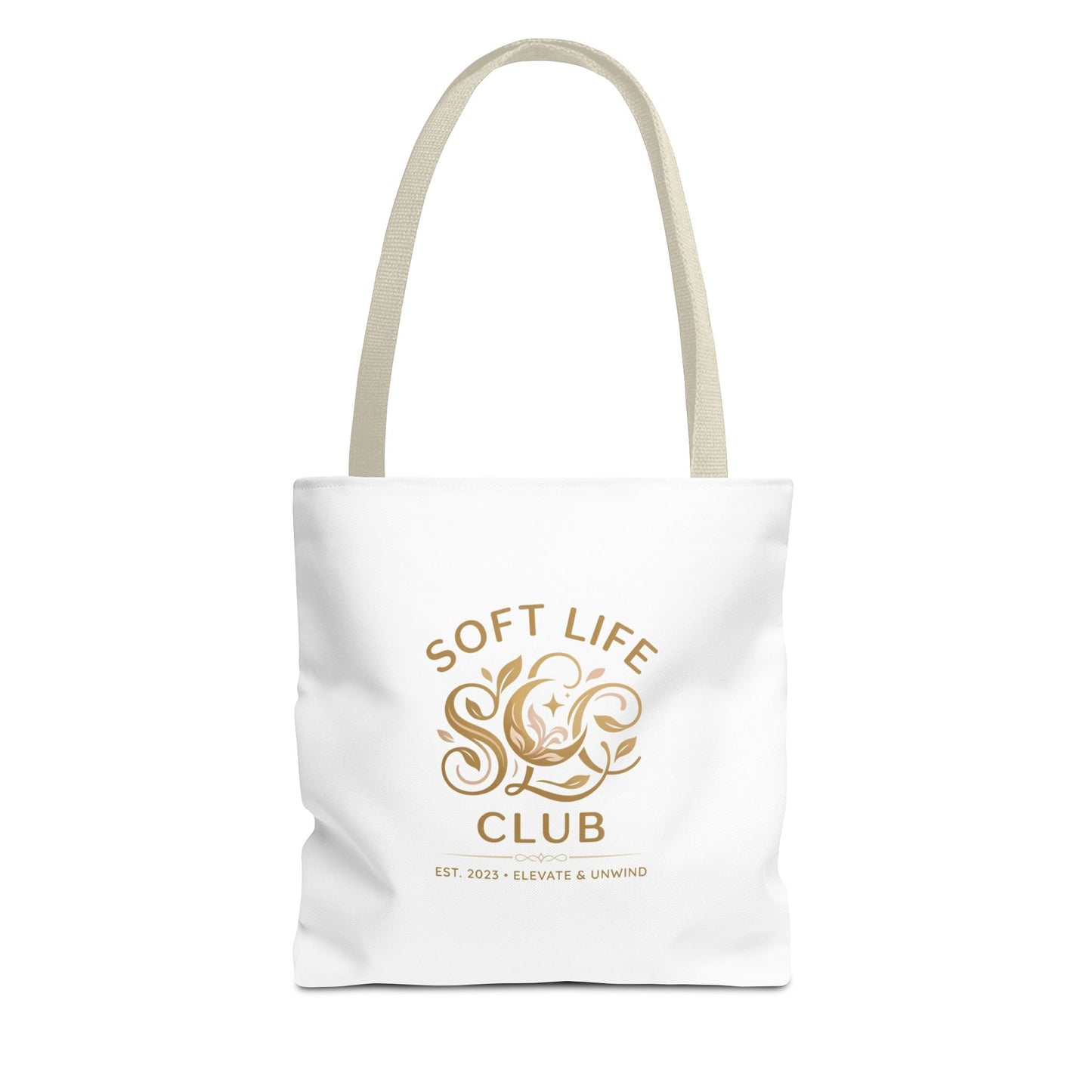 Soft Life Club Tote Bag — Chic Gold Logo AOP Tote for Everyday Carry