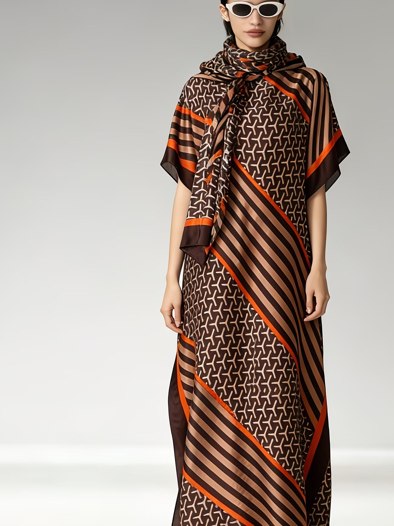 LuxeGrace™ Plus Size Kaftan Set | Elegant Printed Batwing Dress with Matching Headscarf