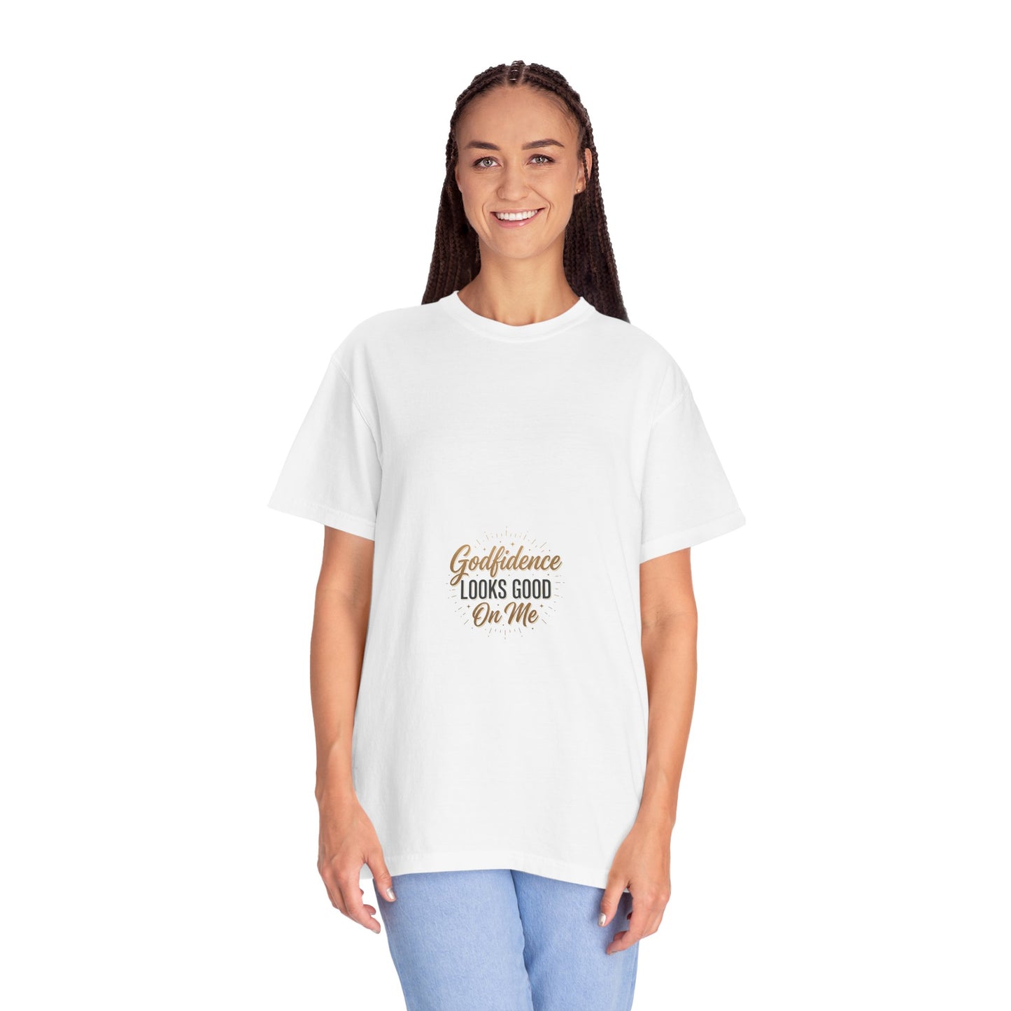 Graphic T-Shirt — “Godfidence Looks Good On Me” Small Center Chest