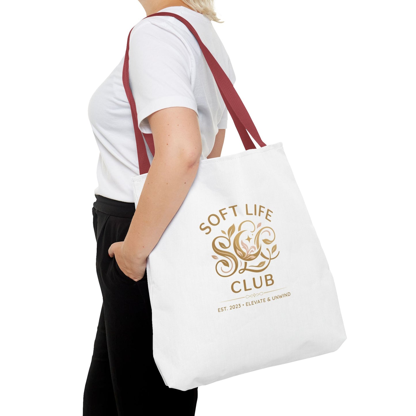 Soft Life Club Tote Bag — Chic Gold Logo AOP Tote for Everyday Carry