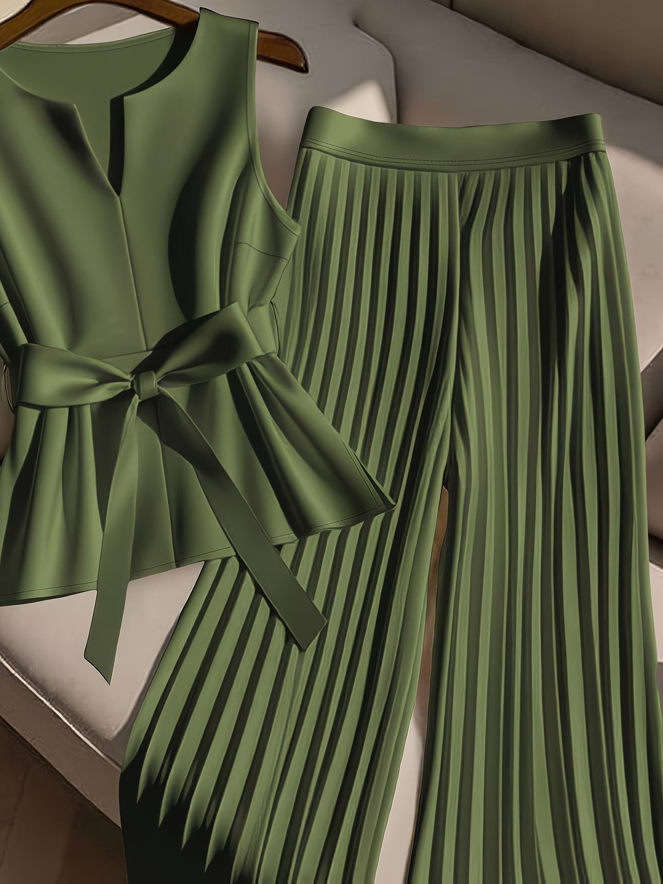 CurveElegance™ Plus Size 2-Piece Pant Set | Sleeveless Bow Top & High-Waist Chiffon Wide-Leg Pants for Women