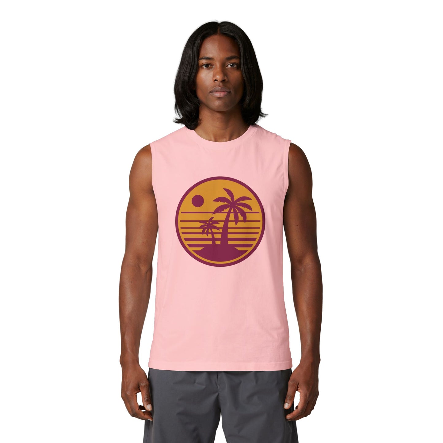 Palm Sunset Muscle Tank — Retro Beach Graphic Tank Top