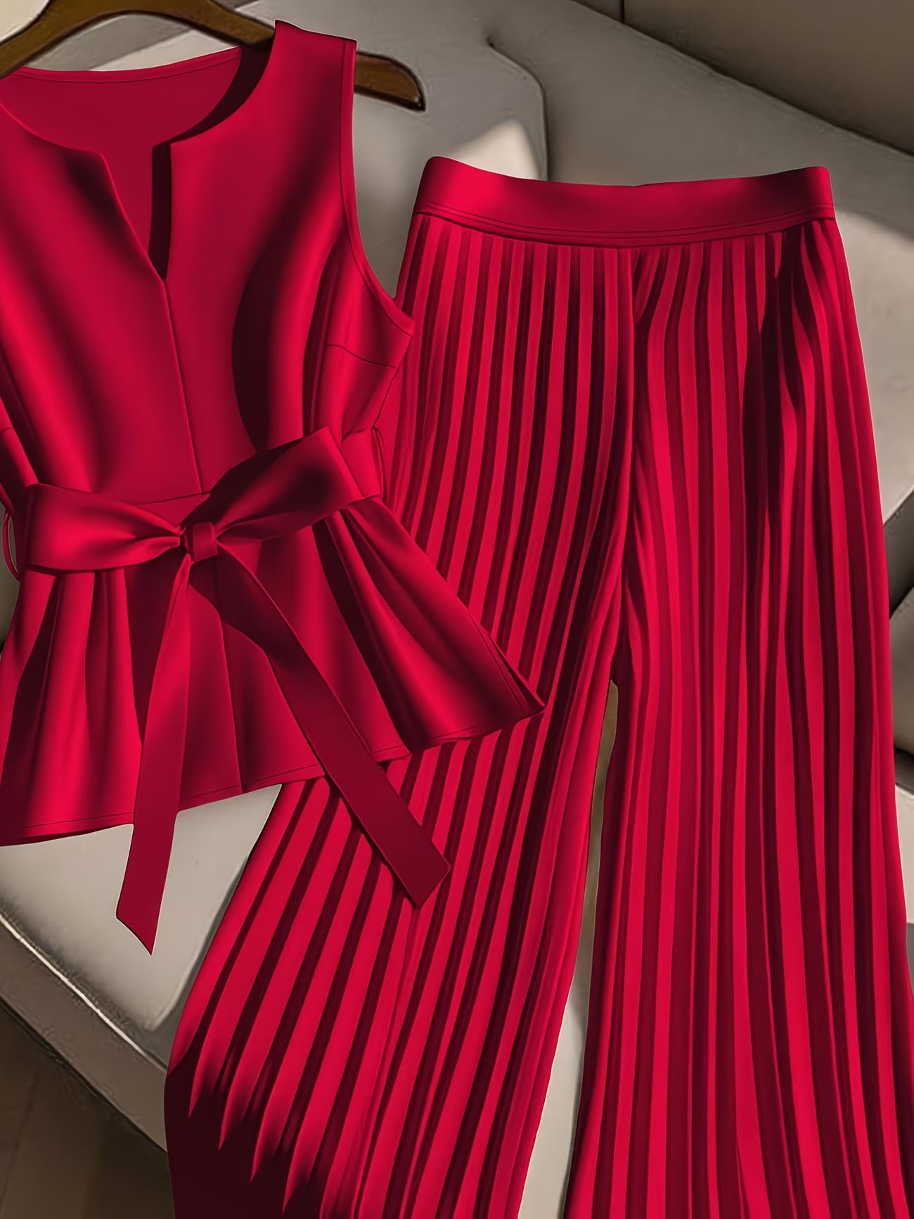 CurveElegance™ Plus Size 2-Piece Pant Set | Sleeveless Bow Top & High-Waist Chiffon Wide-Leg Pants for Women