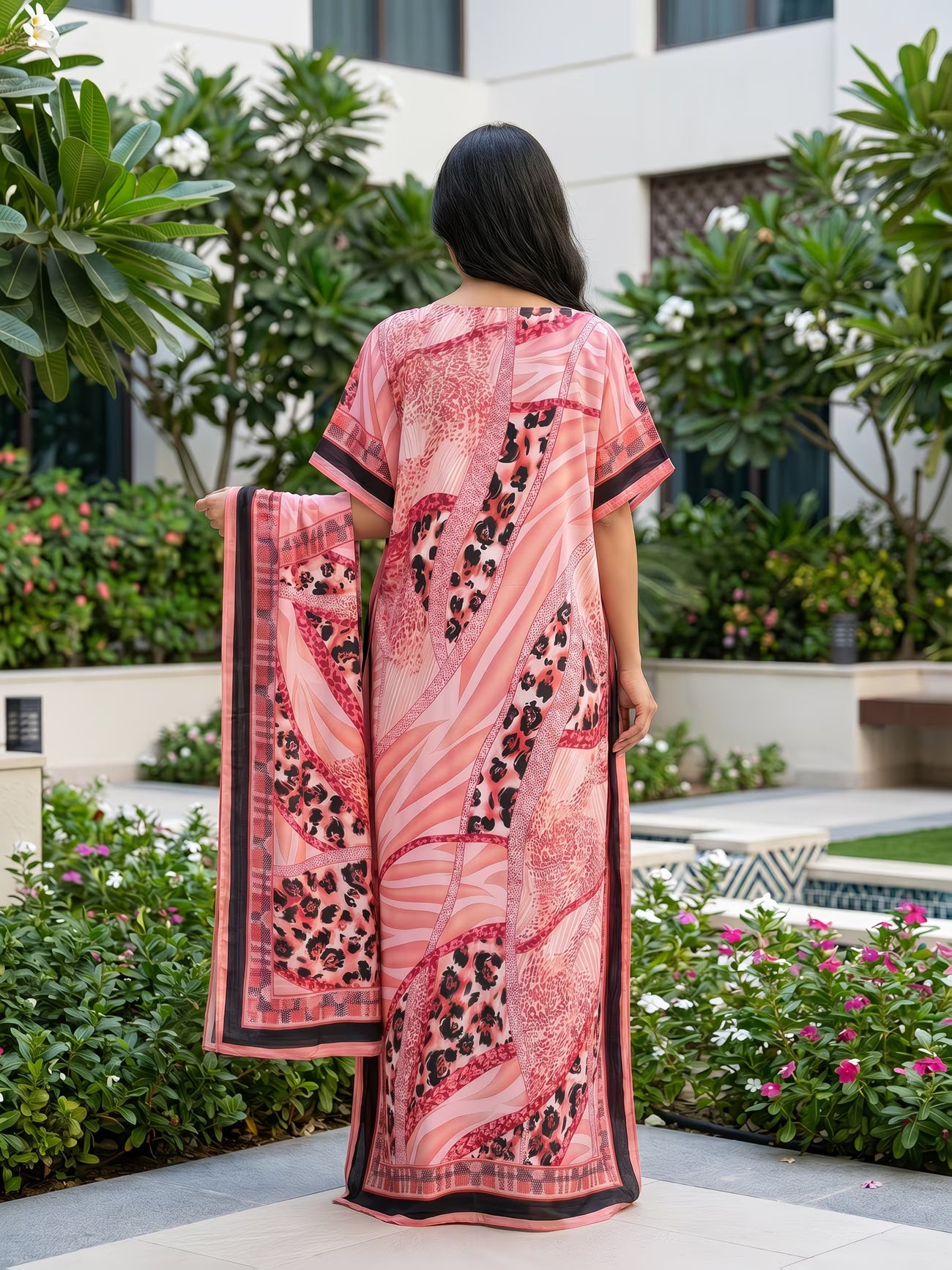 Elegant Plus Size Kaftan Abaya Set with Scarf | Artistic Print Modest Dress for Everyday Modern Style