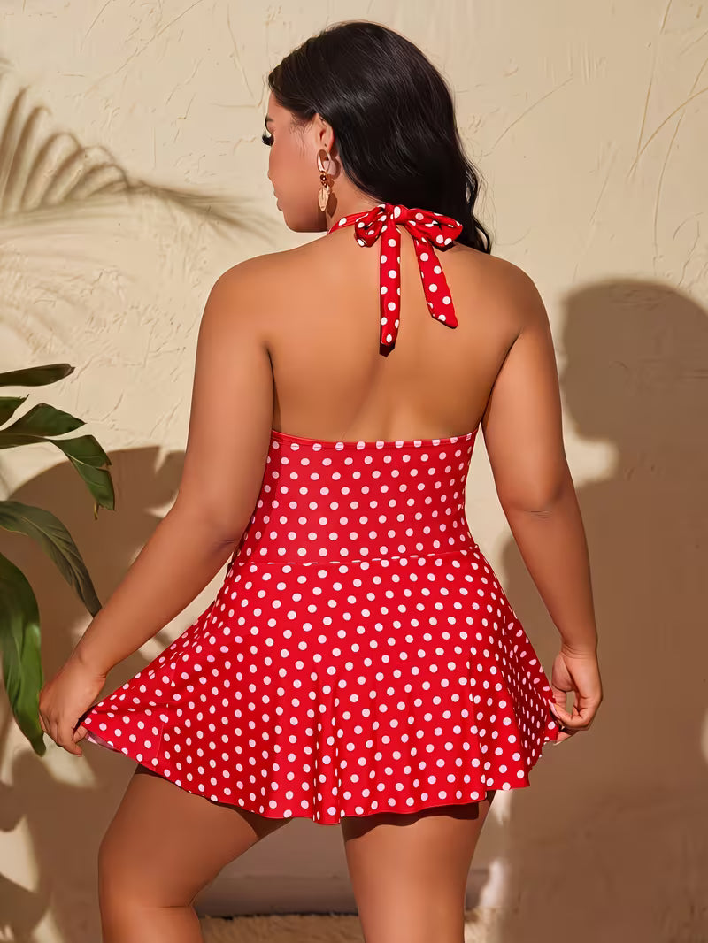 Women's Plus Size Polka Dot Jumpsuit Dress | Oversized Holiday Outfit with Neck Tie