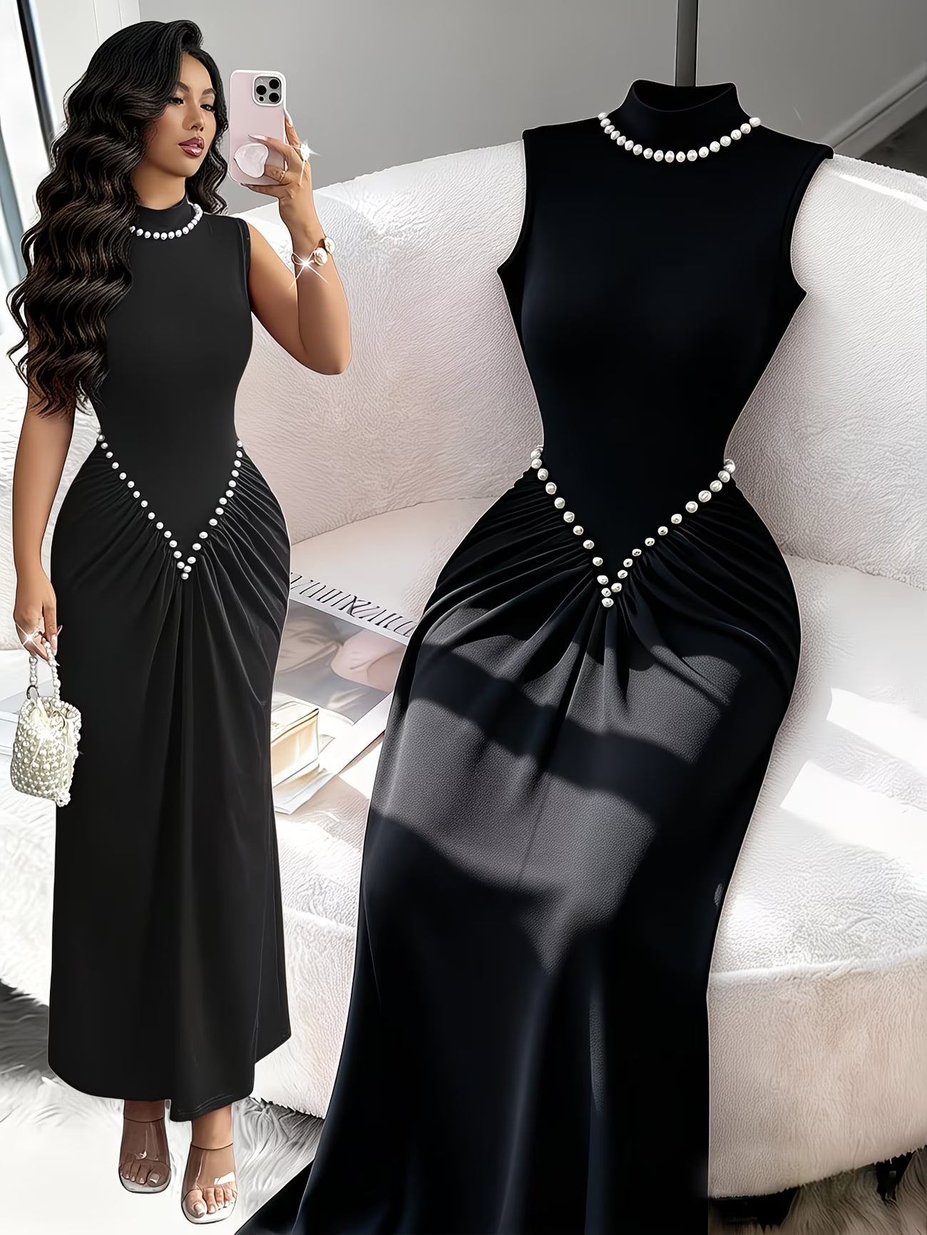PearlGrace™ Sleeveless Pleated Fishtail Maxi Dress | Elegant High-Neck Evening Dress for Women