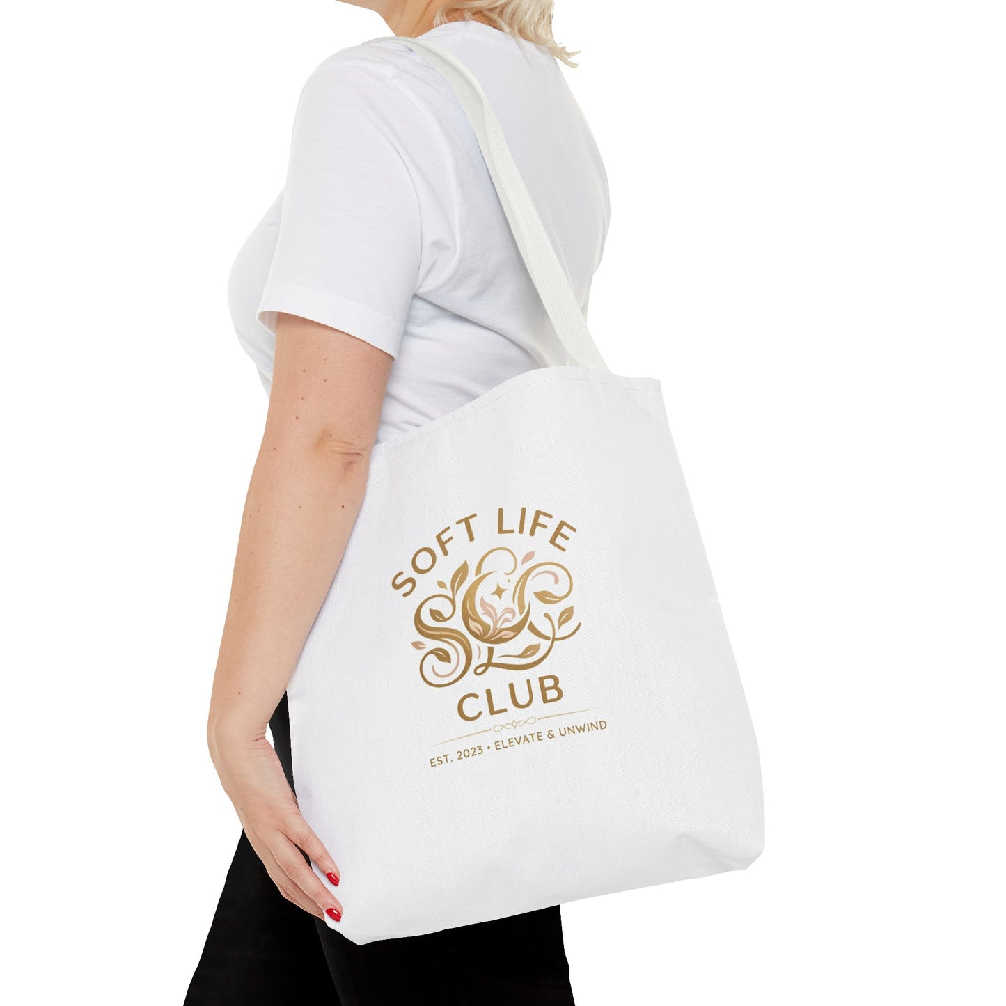 Soft Life Club Tote Bag — Chic Gold Logo AOP Tote for Everyday Carry
