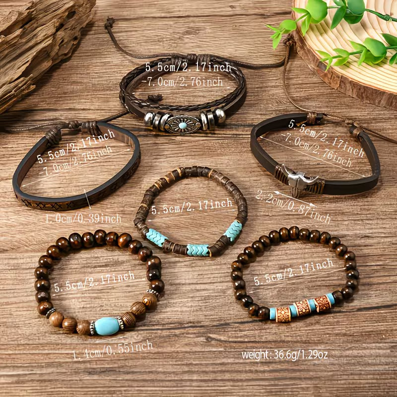 6-Piece Men's Western Bracelet Set | Bull Skull, Wings & Wooden Bead Vintage Boho Bracelets