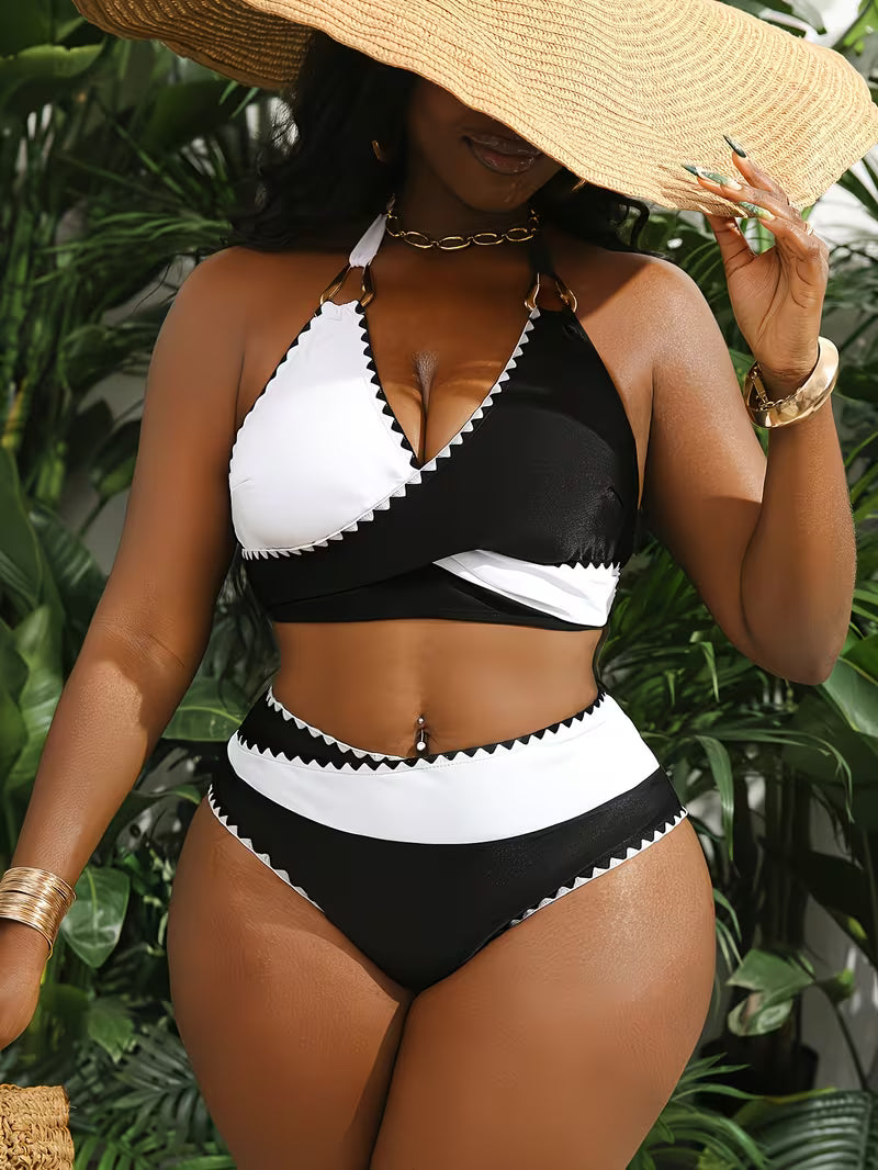 Women's Plus Size Ruffle Halter Bikini Set | Color Block Two-Piece Swimsuit