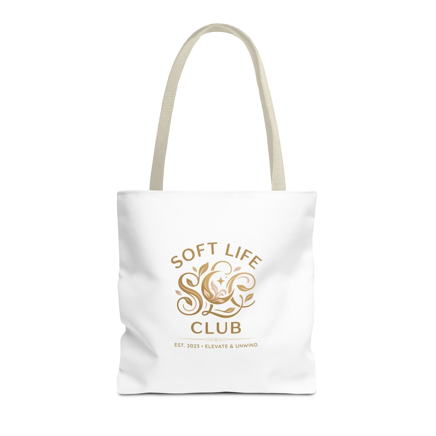 Soft Life Club Tote Bag — Chic Gold Logo AOP Tote for Everyday Carry
