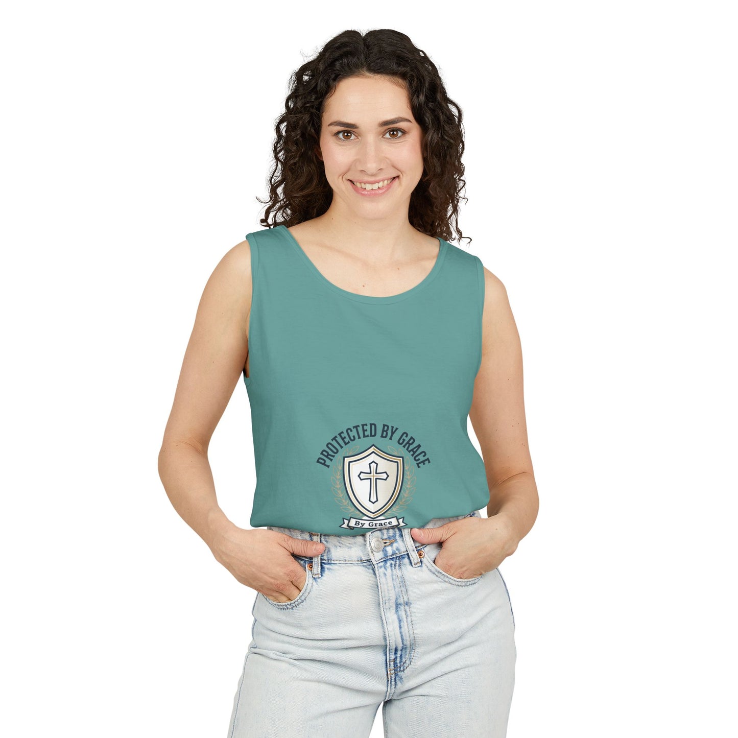 Protected by Grace Cross Tank Top — Christian Faith Graphic