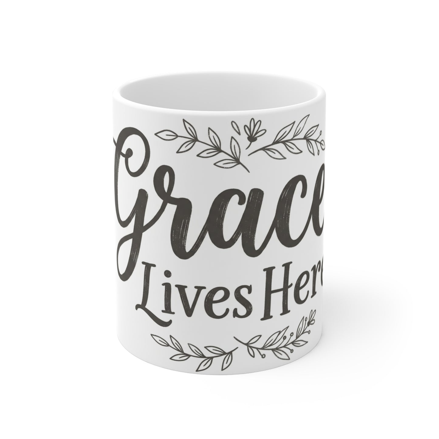Grace Lives Here Ceramic Mug — Inspirational Script Coffee Cup, Faith Home Decor Gift (11oz)