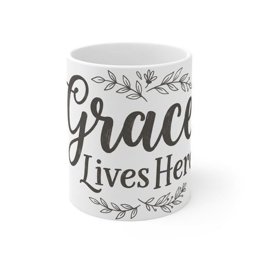 Grace Lives Here Ceramic Mug — Inspirational Script Coffee Cup, Faith Home Decor Gift (11oz)