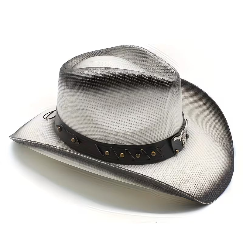 Women's Vintage Western Cowboy Hat | Black Felt Fedora with Silver Bull Head & Gold Buckle Accent