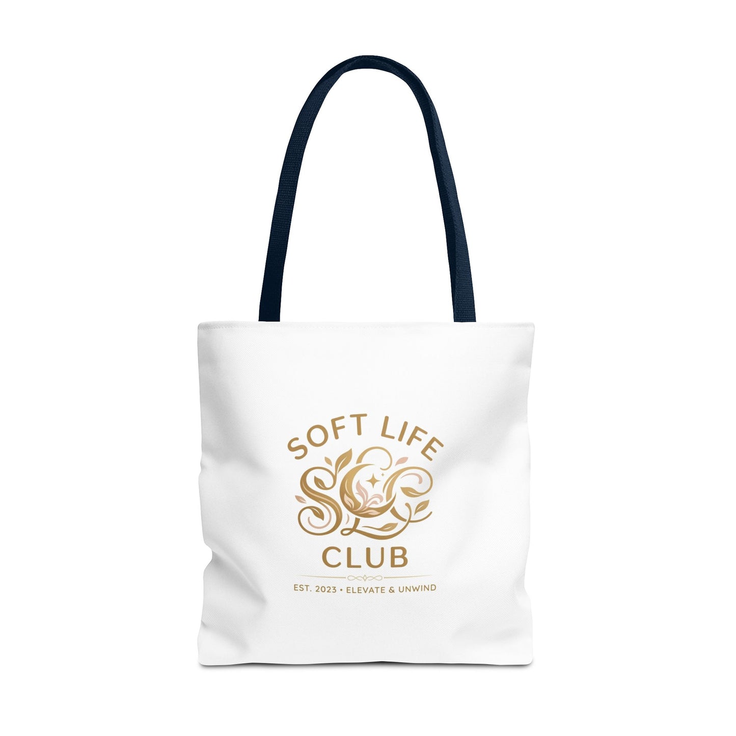Soft Life Club Tote Bag — Chic Gold Logo AOP Tote for Everyday Carry