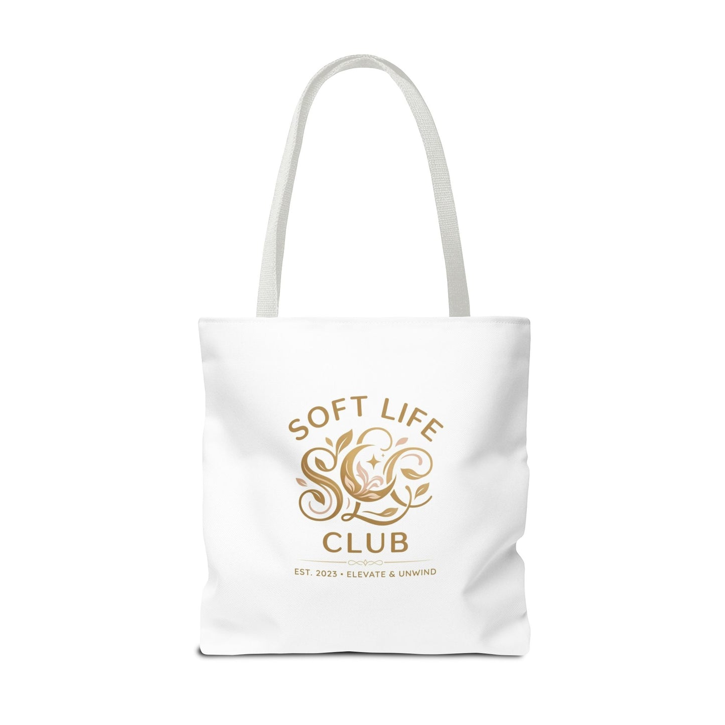 Soft Life Club Tote Bag — Chic Gold Logo AOP Tote for Everyday Carry