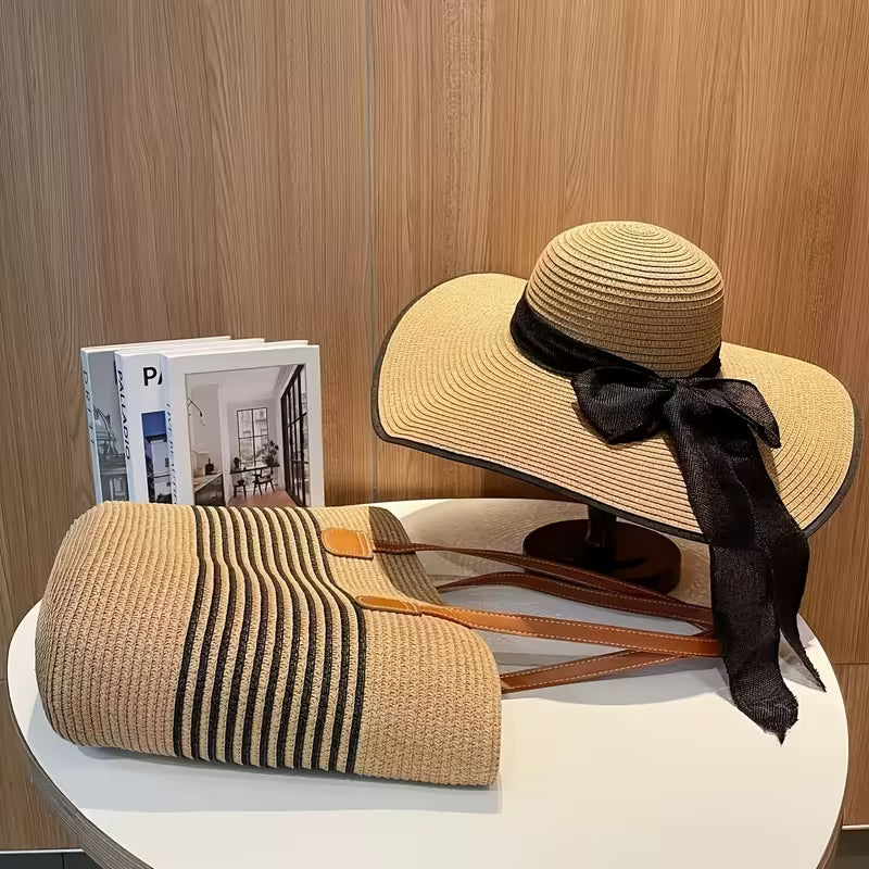 Women's 2-Piece Beach Accessories Set | Striped Straw Tote Bag & Bow Beach Hat