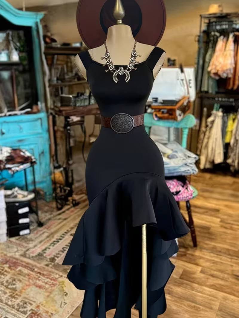 Women's Black Mermaid Dress | Square Neck Fitted Ruffle Asymmetrical Evening Party Dress