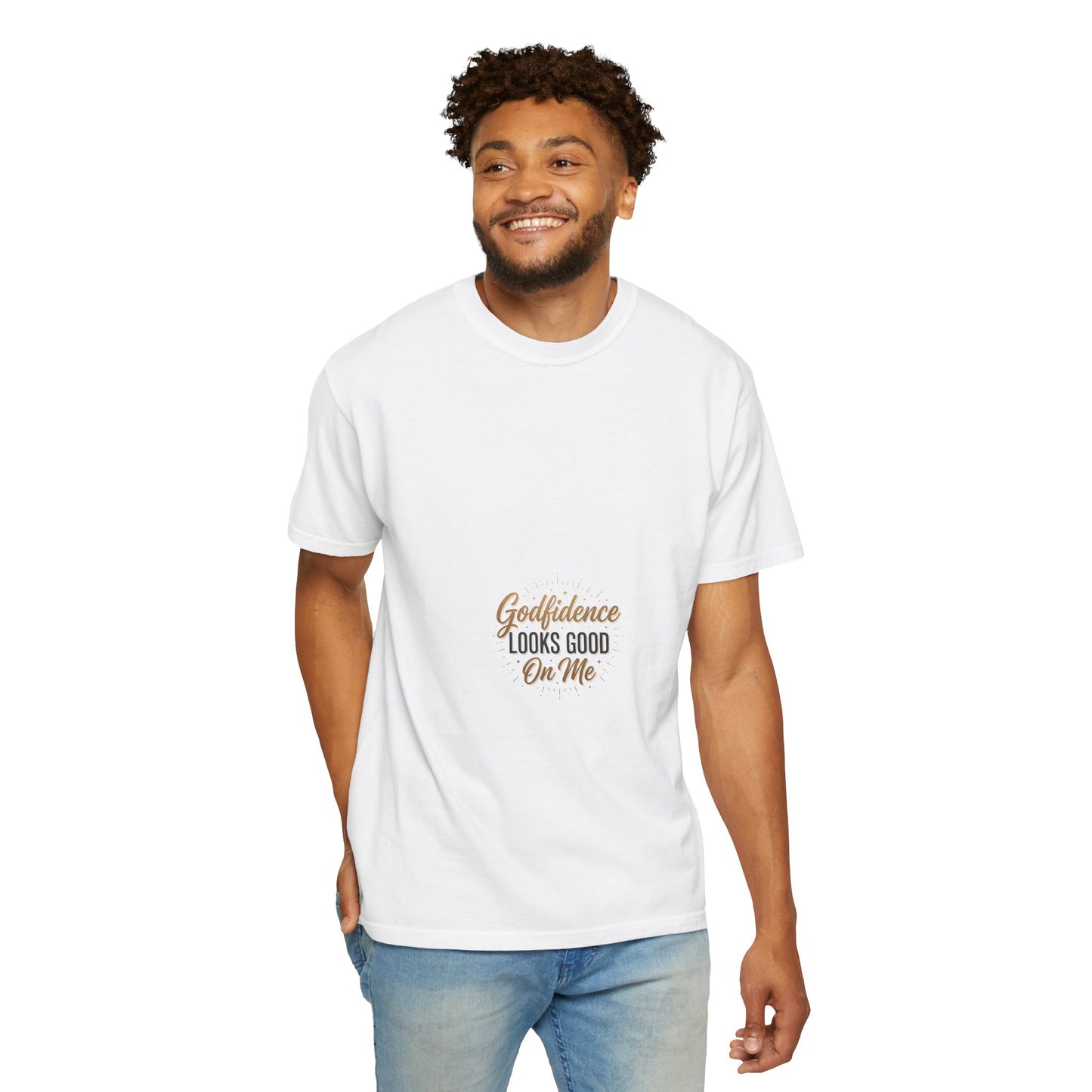 Graphic T-Shirt — “Godfidence Looks Good On Me” Small Center Chest