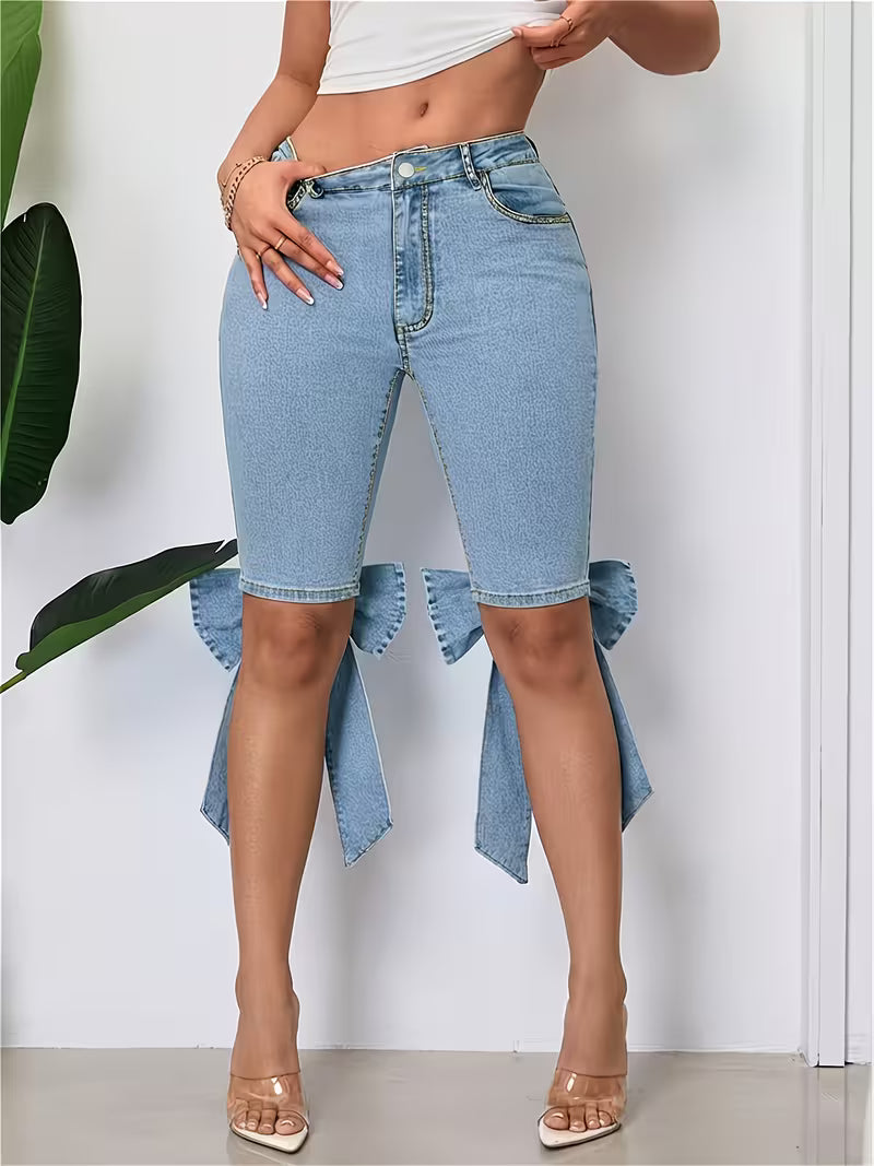 Women's Light Blue Denim Bermuda Shorts | High Waist Stretch Jean Shorts with Bow Cuff Detail
