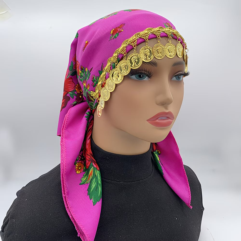 LuxeChain™ Ethnic Print Headscarf | Golden Chain Triangle Headwrap for Women