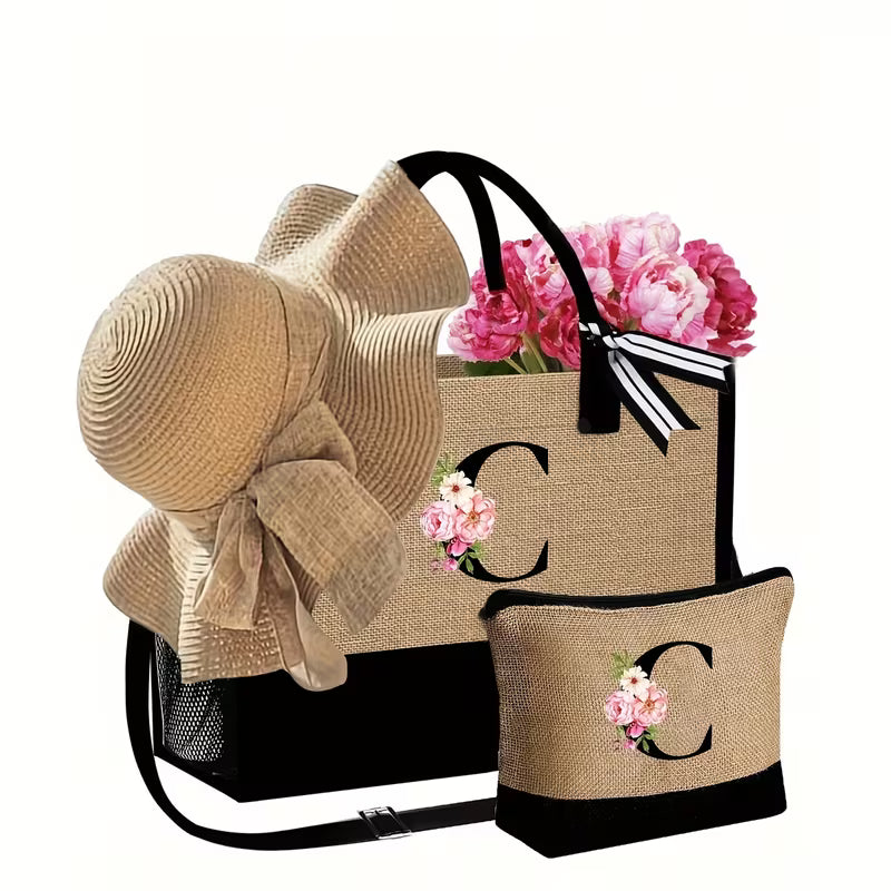 Women's 4-Piece Beach Bag Set | Tote Bag, Sun Hat, Makeup Pouch & Travel Accessories