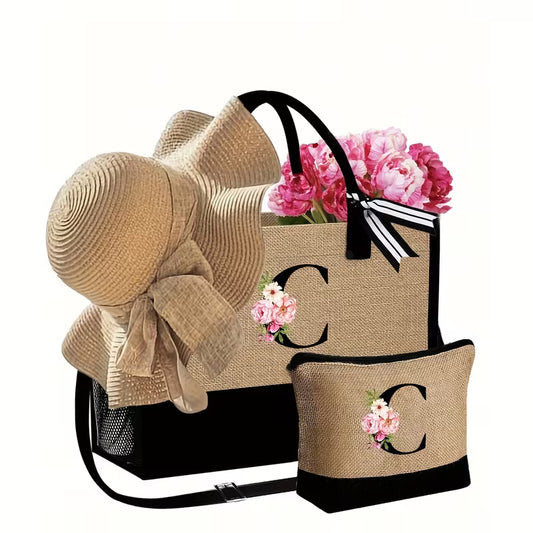 Women's 4-Piece Beach Bag Set | Tote Bag, Sun Hat, Makeup Pouch & Travel Accessories