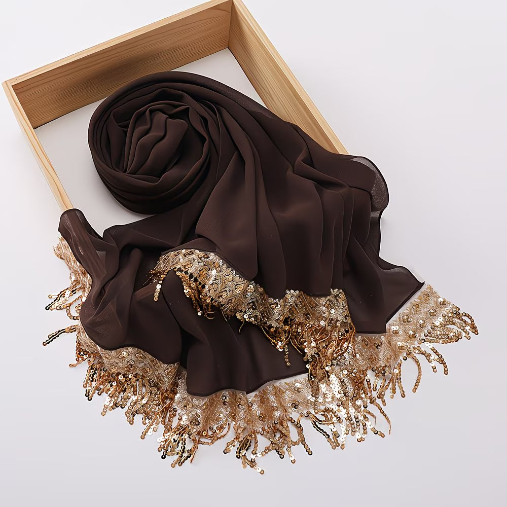LuxeTassel™ Sequin Lace Hijab | Extended Size Tassel Headscarf for Women