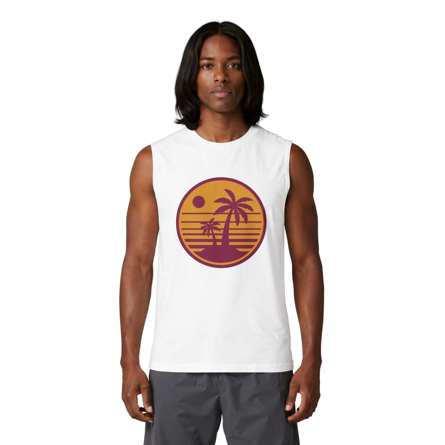 Palm Sunset Muscle Tank — Retro Beach Graphic Tank Top