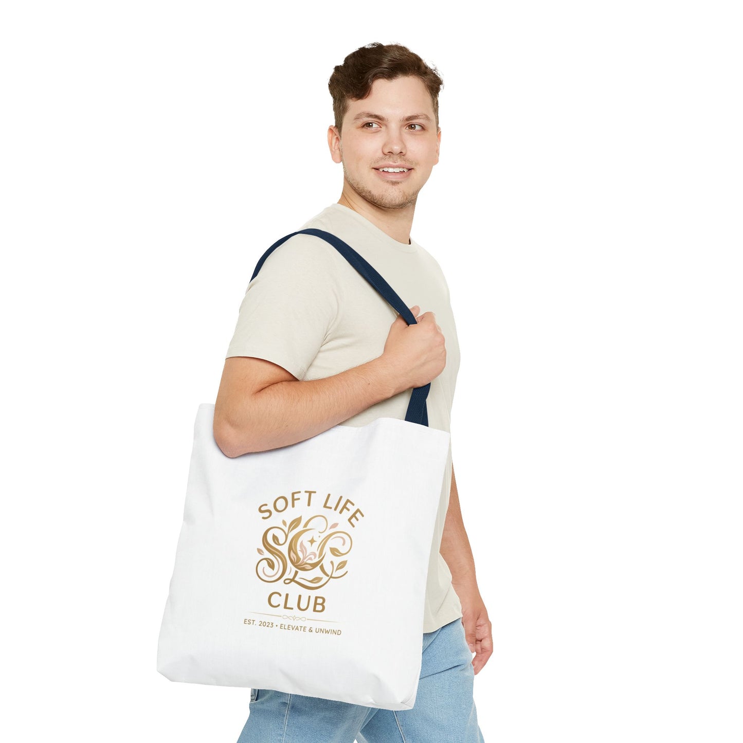 Soft Life Club Tote Bag — Chic Gold Logo AOP Tote for Everyday Carry