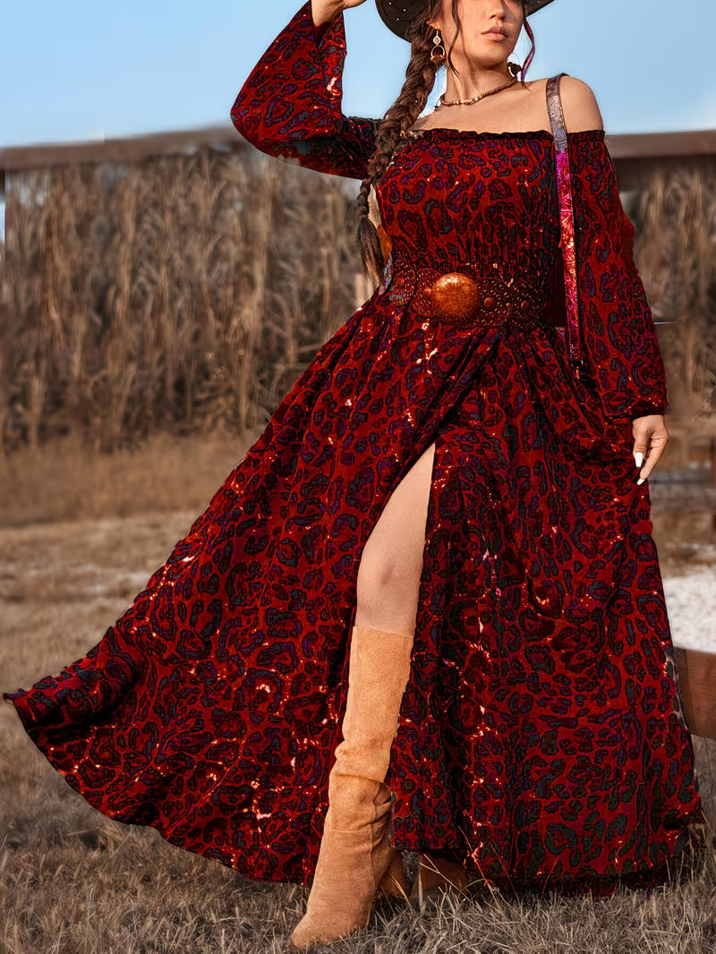 Plus Size Leopard Print Maxi Dress | Boho A-Line Pleated High Slit Dress for Women