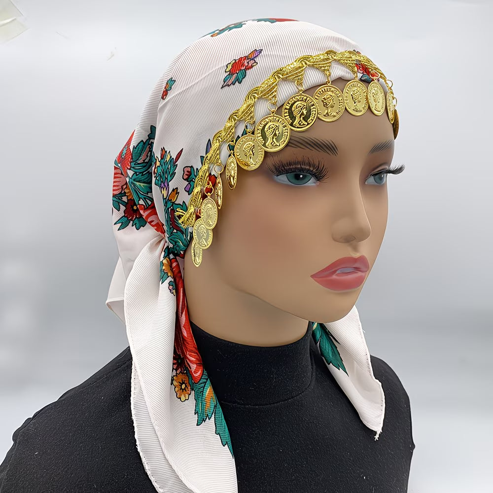 LuxeChain™ Ethnic Print Headscarf | Golden Chain Triangle Headwrap for Women