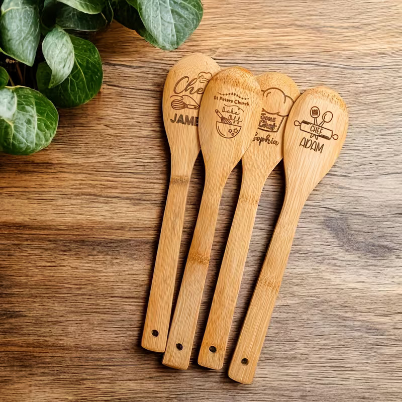 Personalized Bamboo Cooking Spoon Set | Custom Engraved Wooden Kitchen Utensils (2pcs)