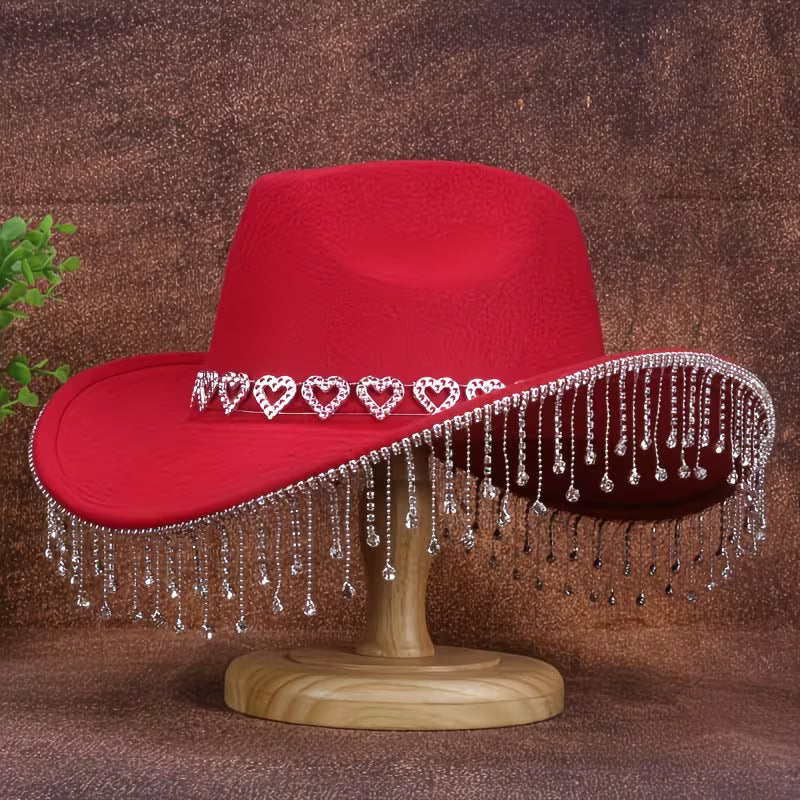 Women's Rhinestone Denim Cowboy Hat | Sparkling Tassel Western Hat with Water Drop Crystal Design