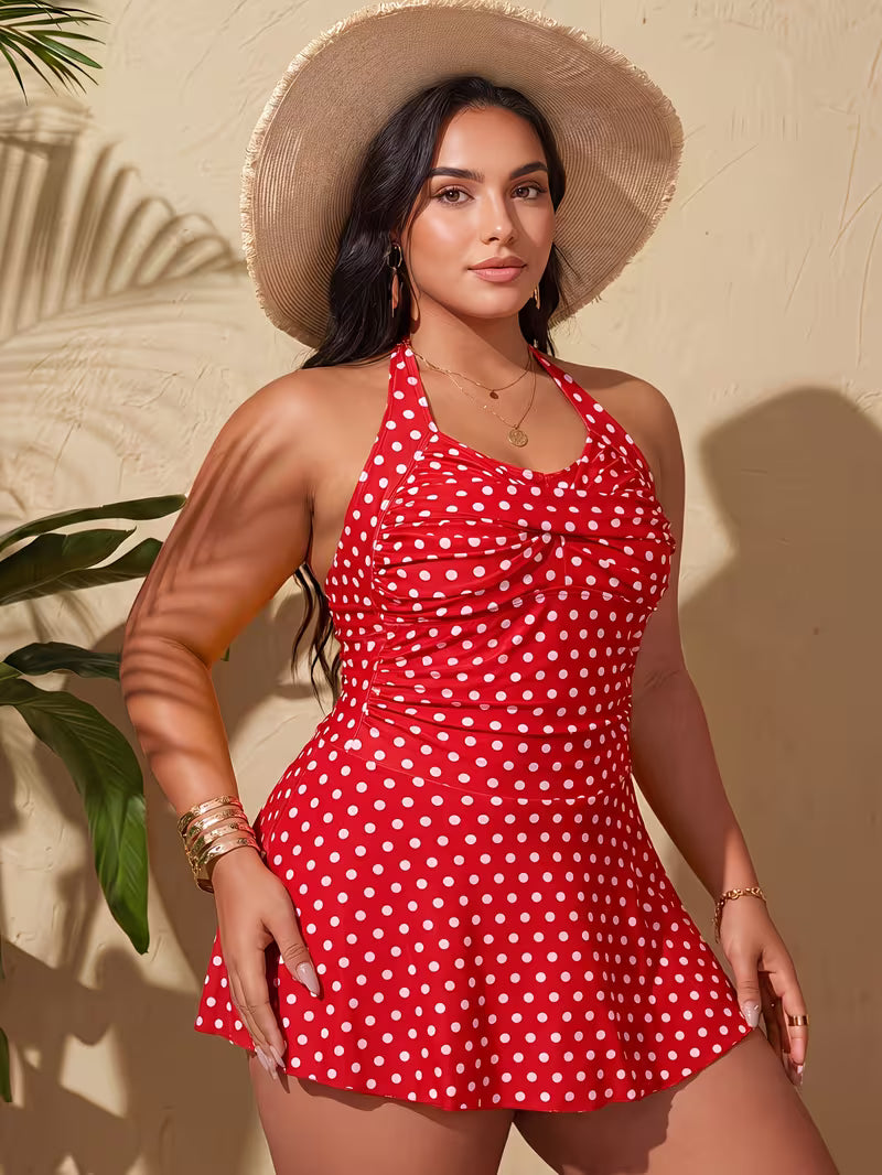 Women's Plus Size Polka Dot Jumpsuit Dress | Oversized Holiday Outfit with Neck Tie