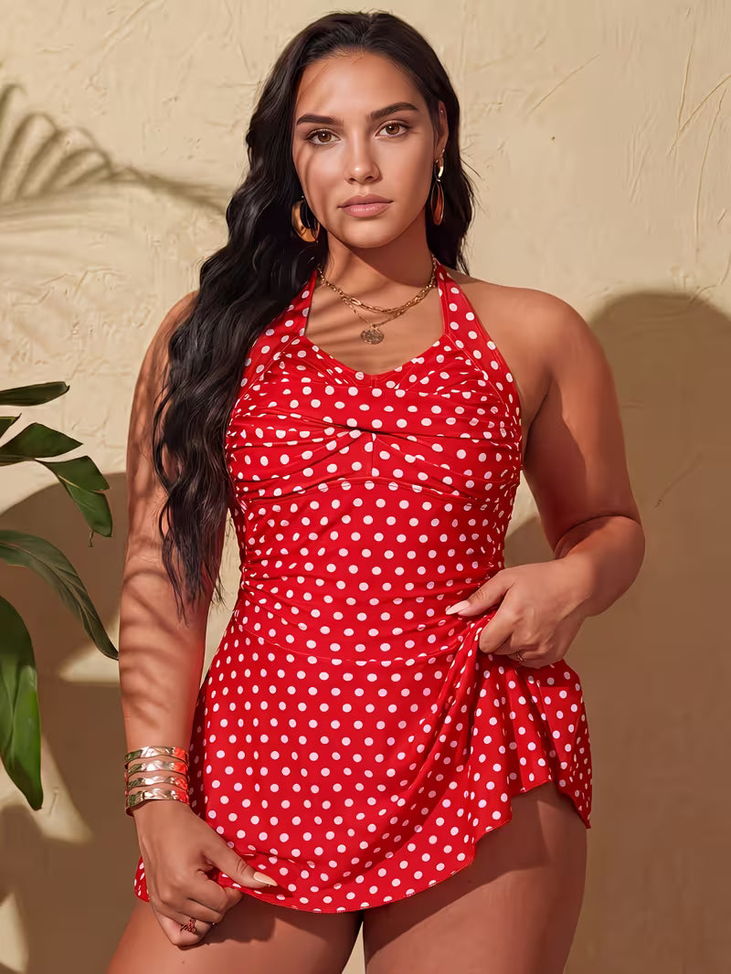 Women's Plus Size Polka Dot Jumpsuit Dress | Oversized Holiday Outfit with Neck Tie