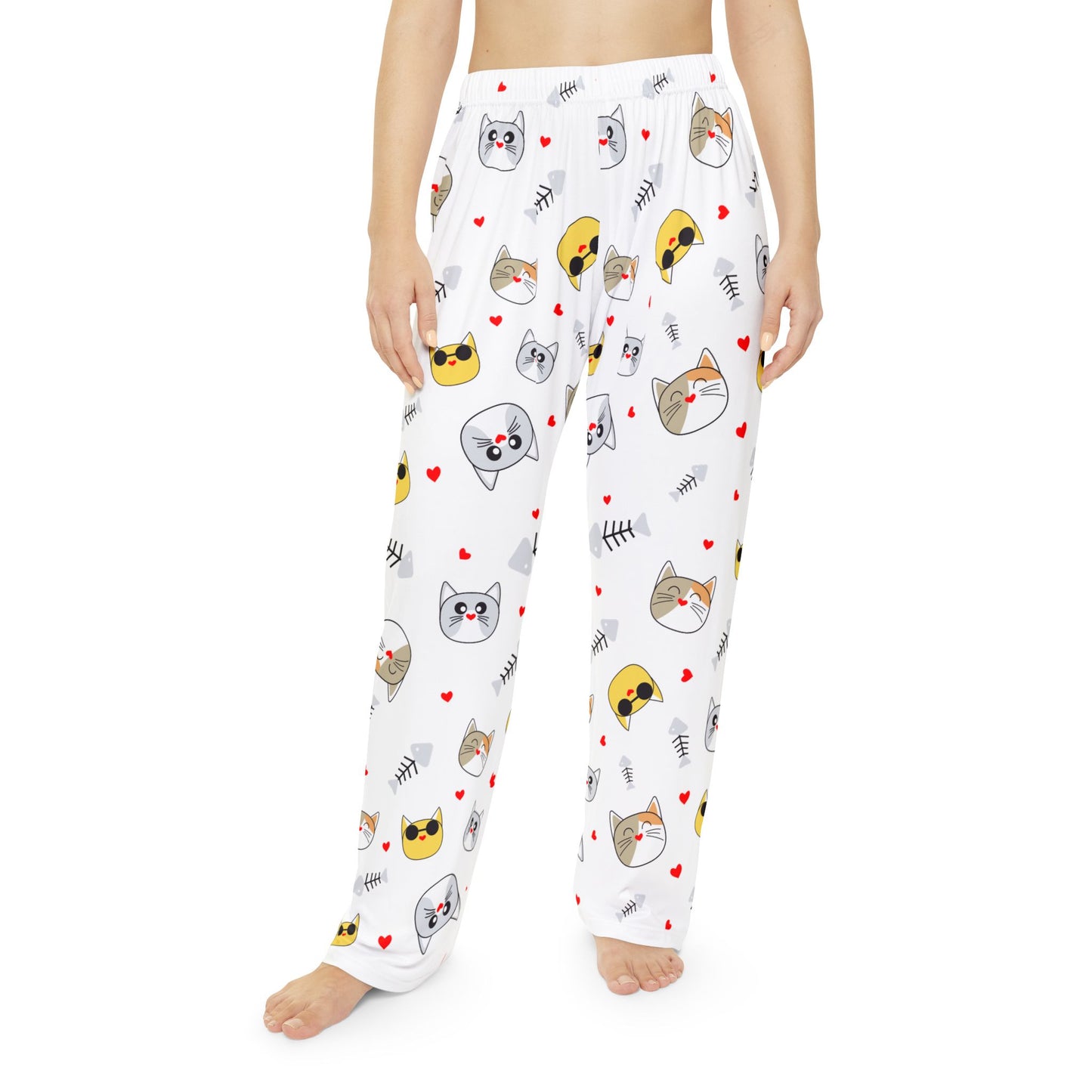 Cat Emoji Print Pajama Pants — Cute Kawaii Sleepwear for Women