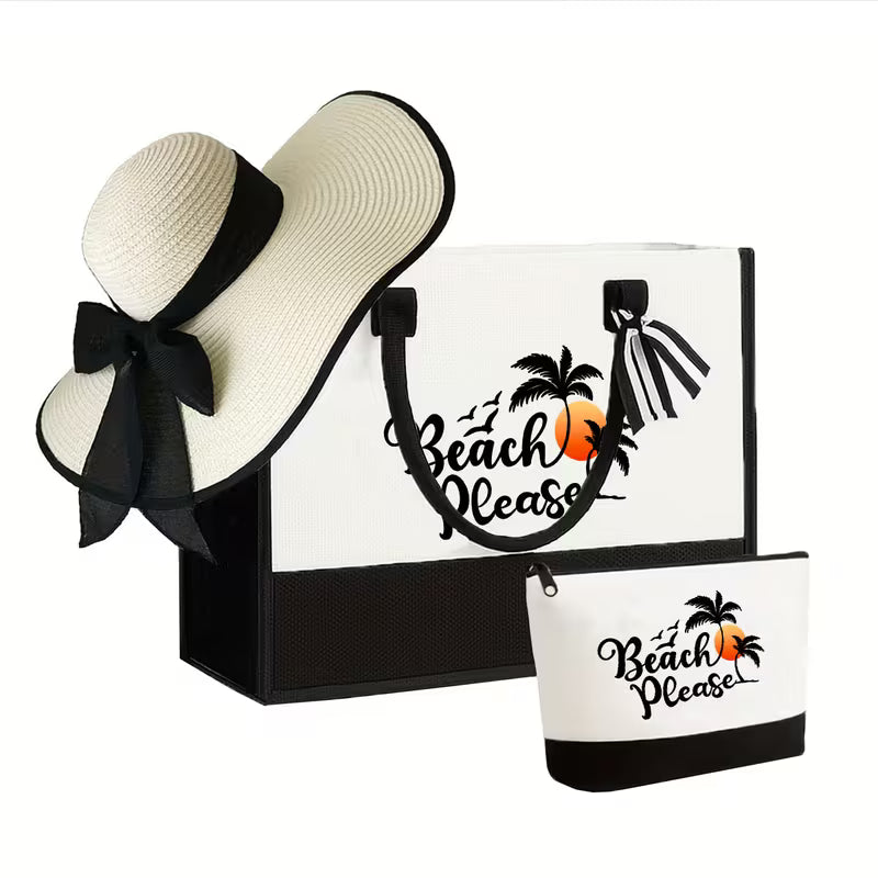 Women's 3-Piece Tropical Beach Bag Set | Coconut Tree Tote Bag, Sun Hat & Cosmetic Pouch