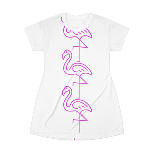 Flamingo Line T-Shirt Dress — Neon Pink Tropical Graphic