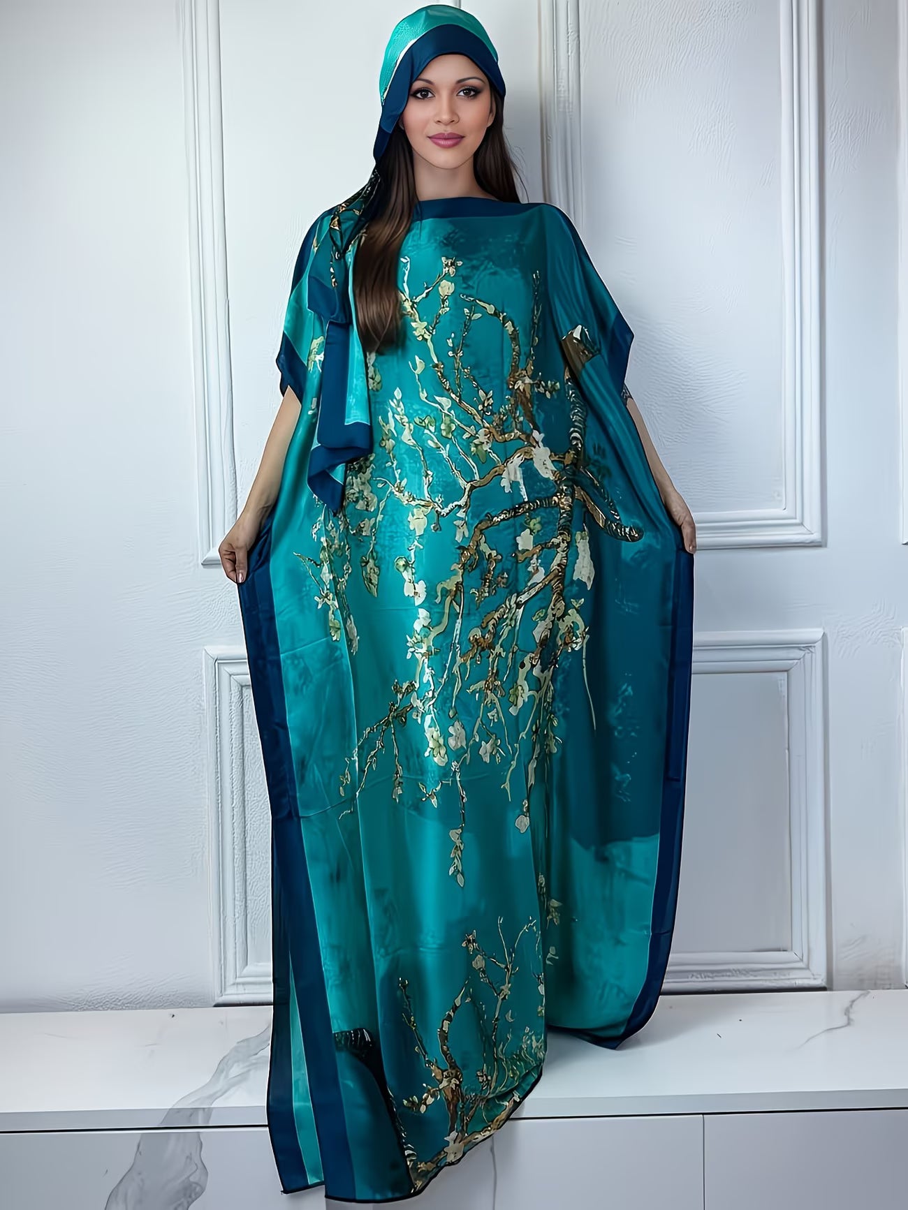 Elegant Tree Print Loose Fit Maxi Dress with Batwing Sleeves & Matching Headscarf | Modest Flow Collection