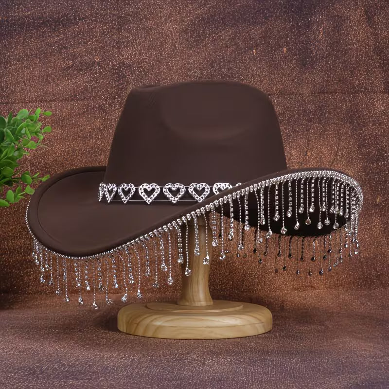 Women's Rhinestone Denim Cowboy Hat | Sparkling Tassel Western Hat with Water Drop Crystal Design