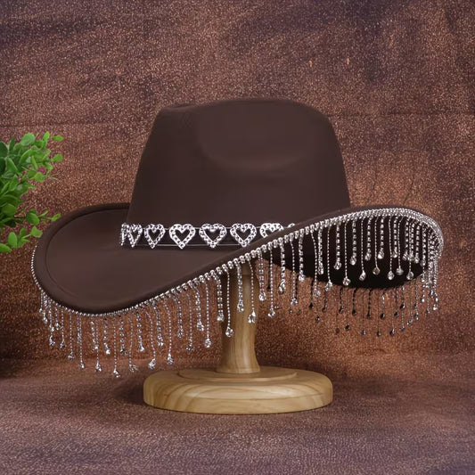 Women's Rhinestone Denim Cowboy Hat | Sparkling Tassel Western Hat with Water Drop Crystal Design