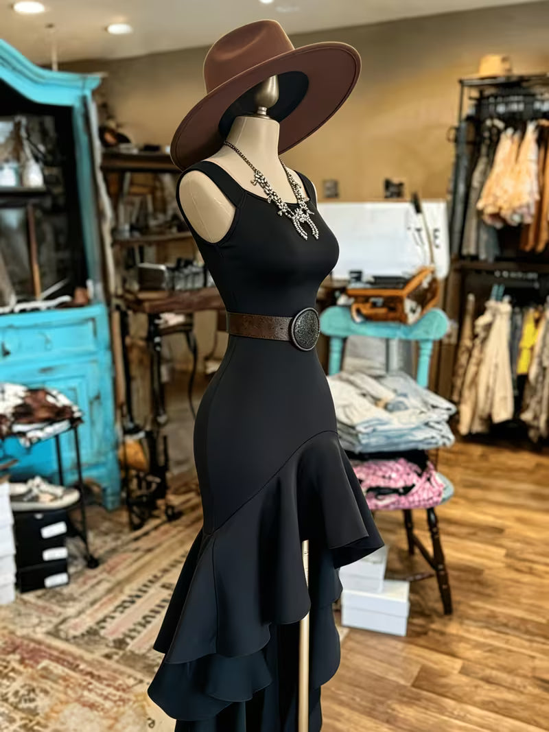 Women's Black Mermaid Dress | Square Neck Fitted Ruffle Asymmetrical Evening Party Dress