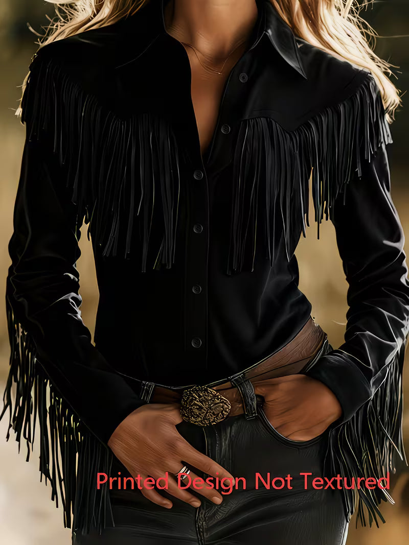Women's Vintage Western Fringe Shirt | Button-Up Long Sleeve Cowgirl Top with Turn-Down Collar