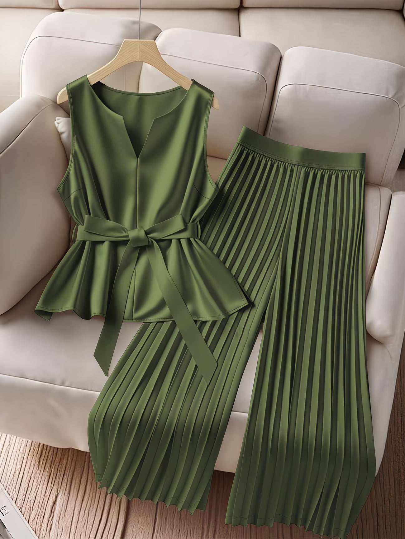 CurveElegance™ Plus Size 2-Piece Pant Set | Sleeveless Bow Top & High-Waist Chiffon Wide-Leg Pants for Women
