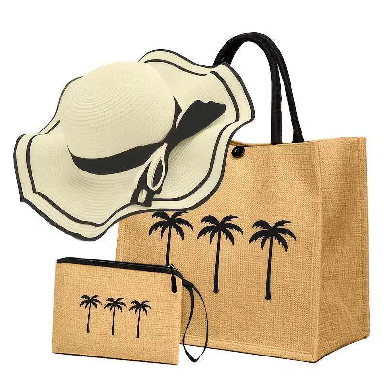 Women's 3-Piece Animal Print Beach Bag Set | Sun Hat, Tote Bag & Handbag Combo