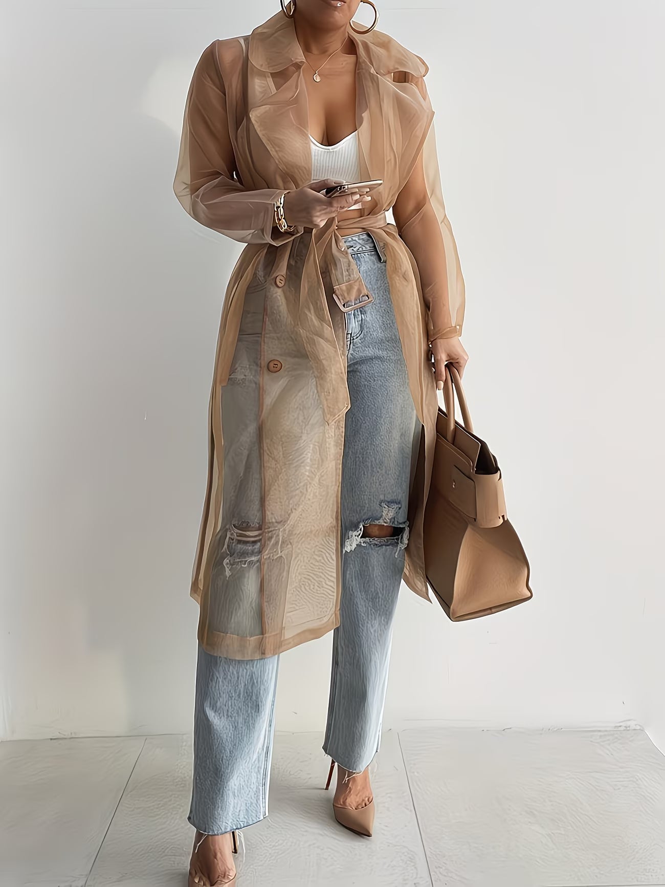 LuxeMist™ Long Sleeve Sheer Trench Coat | Button-Up Lightweight Jacket for Women